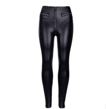 High Waist Gothic Black PU Leather Leggings Women Zipper Front Workout Jeggings