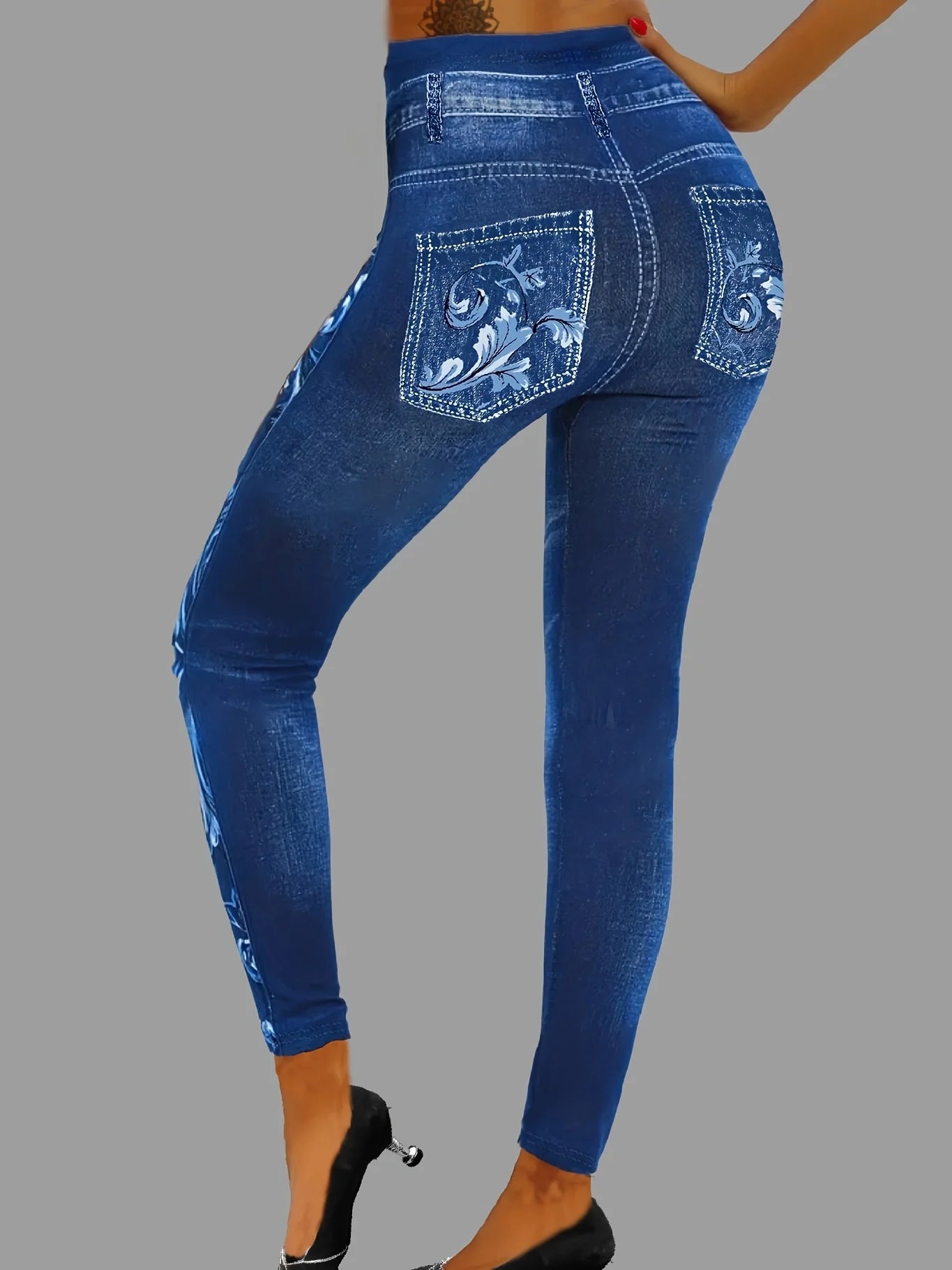 Women's Elegant Printed Faux Denim Tight-Fitting Leggings...