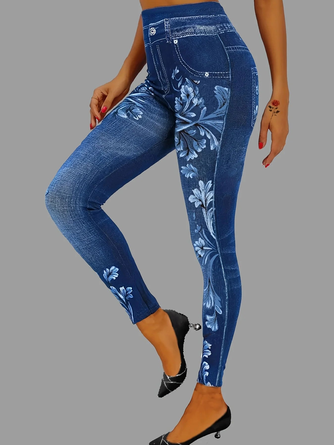 Women's Elegant Printed Faux Denim Tight-Fitting Leggings...