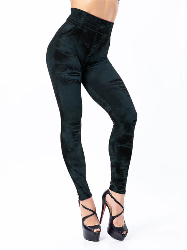 Women's Sexy High Waist Imitation Jeans, Slim Push Up Stretch Casual Fashion Leggings Streetwear...