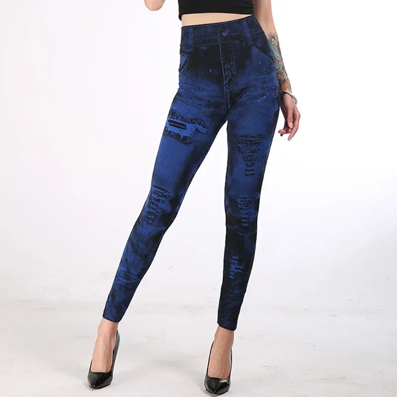 Women's Sexy High Waist Imitation Jeans, Slim Push Up Stretch Casual Fashion Leggings Streetwear...