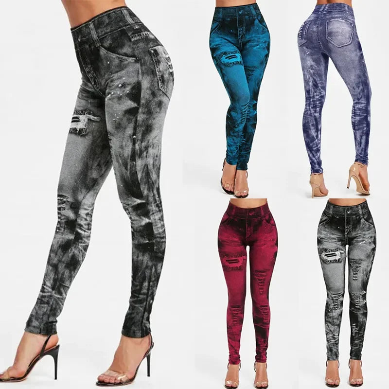 Women's Sexy High Waist Imitation Jeans, Slim Push Up Stretch Casual Fashion Leggings Streetwear...