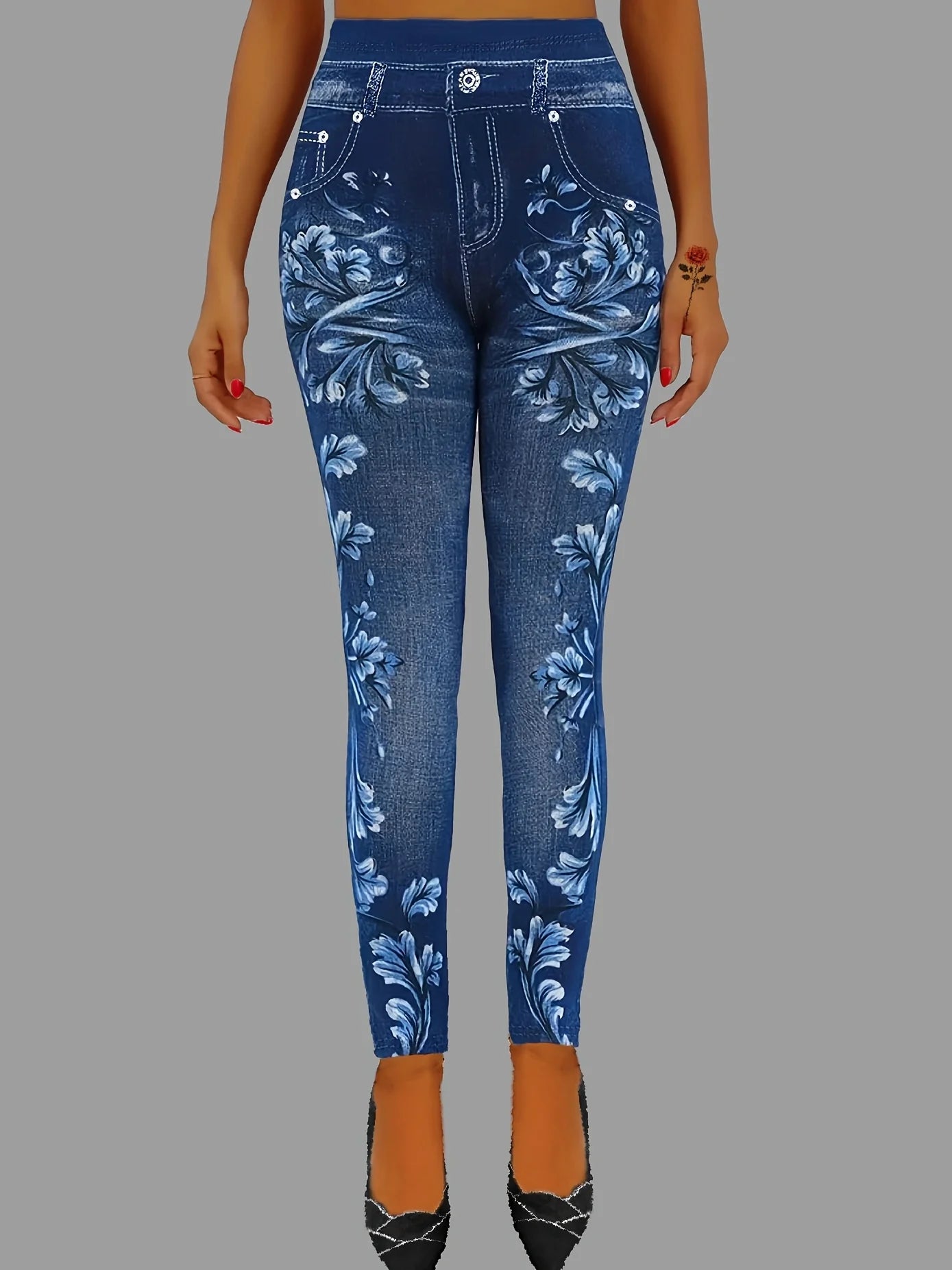 Women's Elegant Printed Faux Denim Tight-Fitting Leggings...