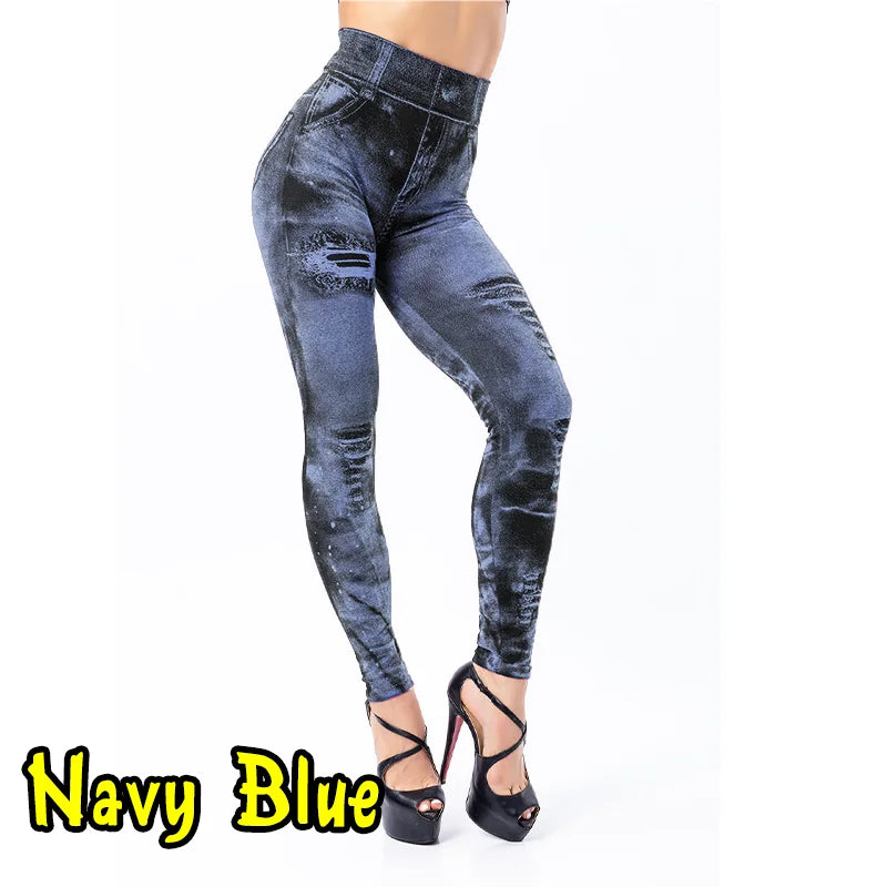 Women's Sexy High Waist Imitation Jeans, Slim Push Up Stretch Casual Fashion Leggings Streetwear...
