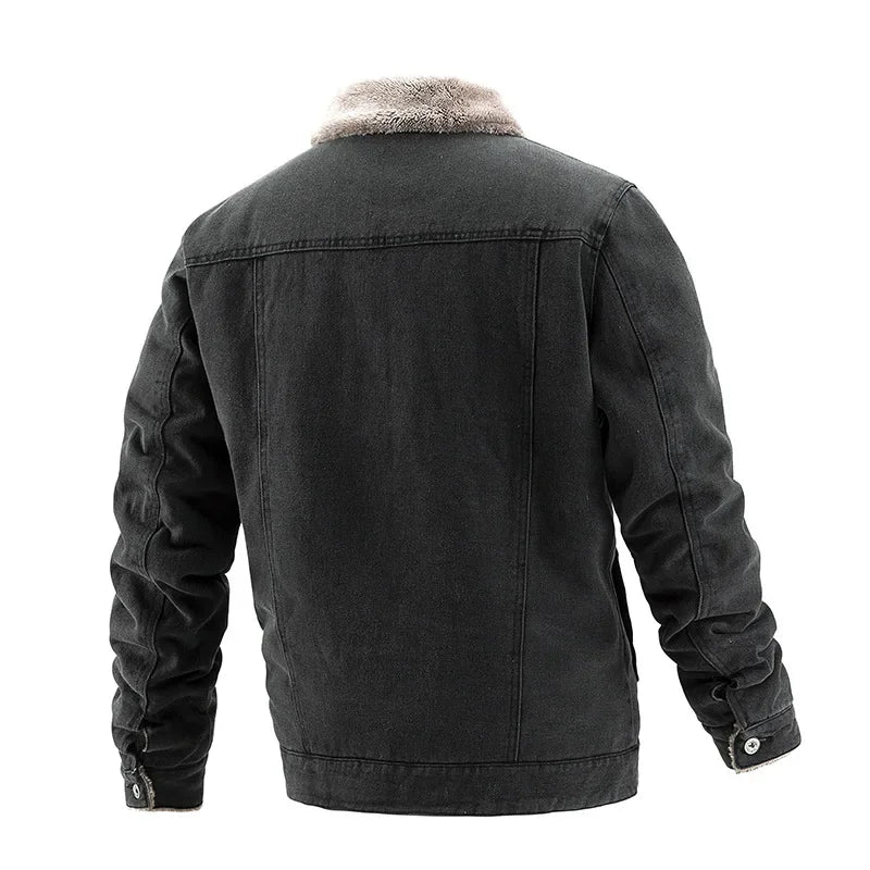Mens Fall Warm Fur Collar Winter Casual Denim Jacket  Breasted