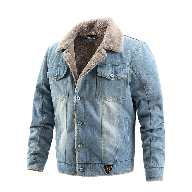 Mens Fall Warm Fur Collar Winter Casual Denim Jacket  Breasted