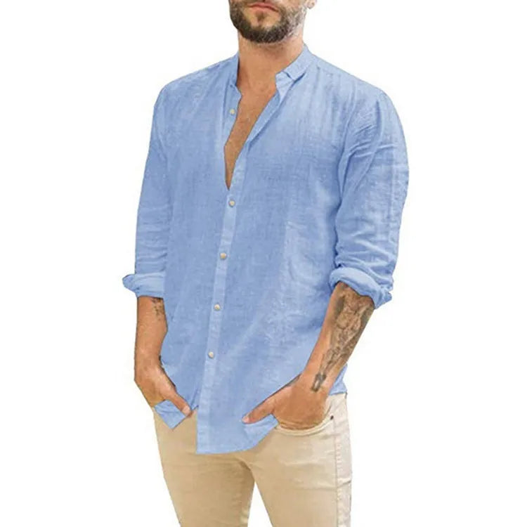 New Men's Fashion Cotton Cardigan Solid Color Breathable Long Sleeve Shirts..