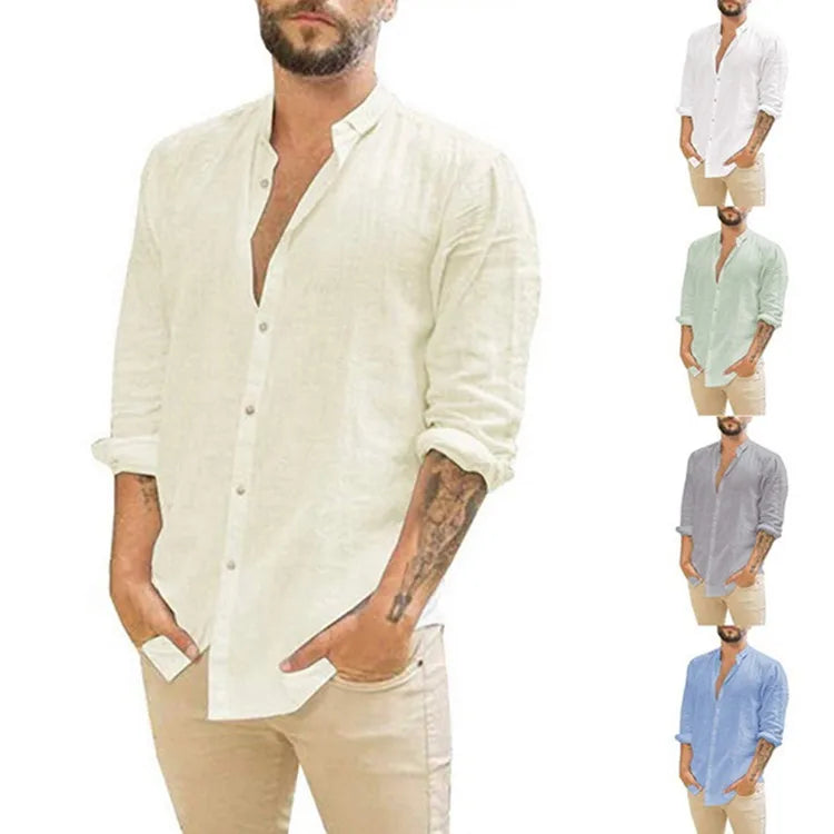New Men's Fashion Cotton Cardigan Solid Color Breathable Long Sleeve Shirts..