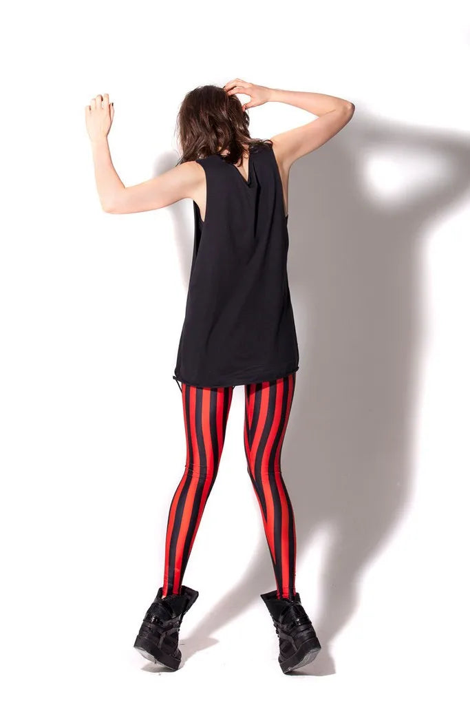 Women's Black and Red Vertical Striped Spandex Leggings...