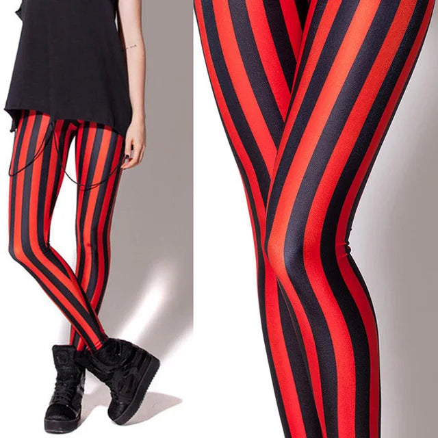 Women's Black and Red Vertical Striped Spandex Leggings...