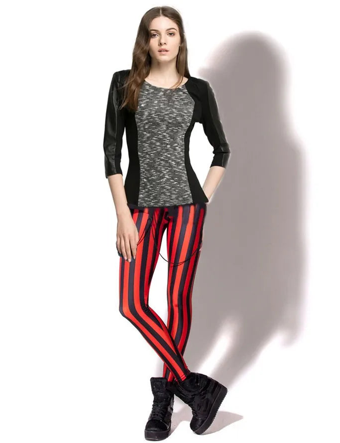 Women's Black and Red Vertical Striped Spandex Leggings...