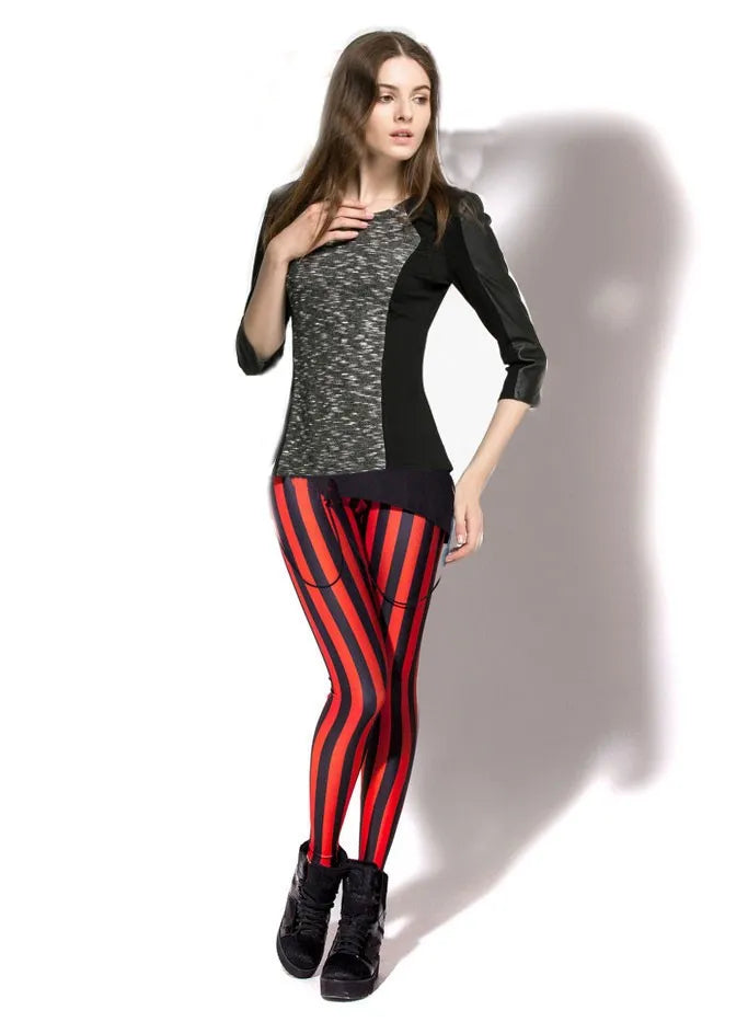 Women's Black and Red Vertical Striped Spandex Leggings...