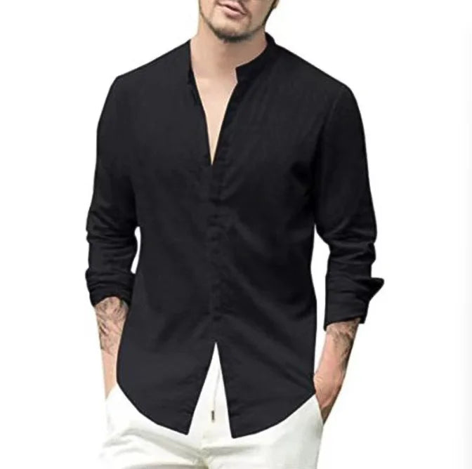 New Men's Fashion Cotton Cardigan Solid Color Breathable Long Sleeve Shirts..