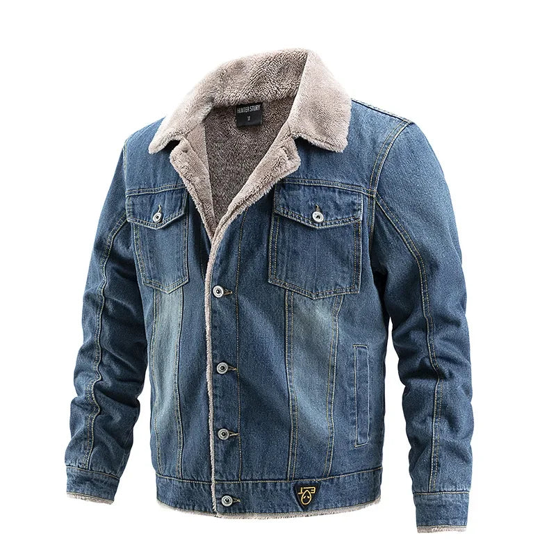 Mens Fall Warm Fur Collar Winter Casual Denim Jacket  Breasted