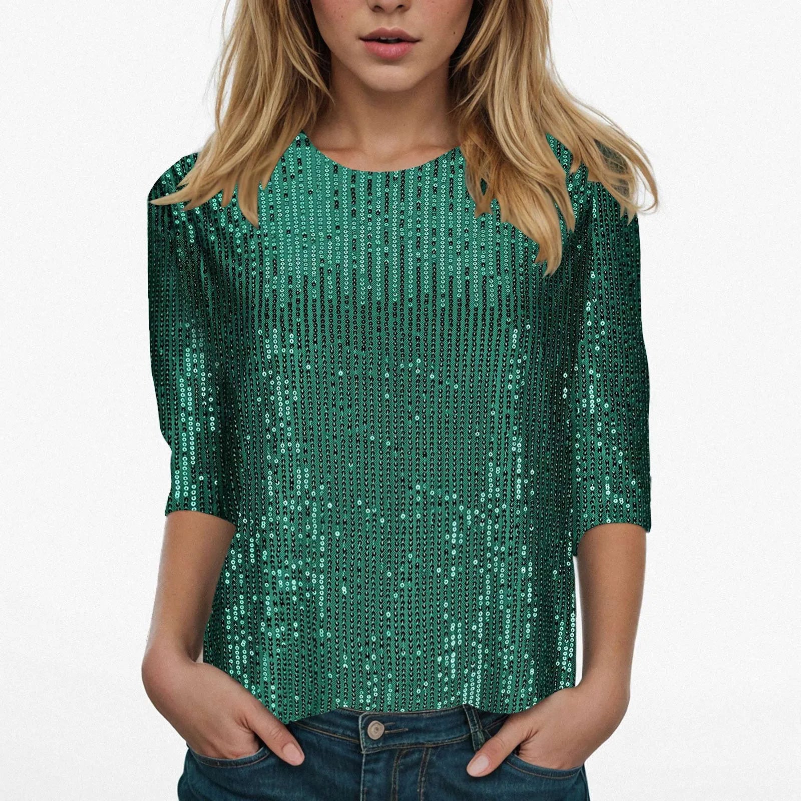 Women's Casual Shiny Sequins Round Neck Quarter Sleeve Glitter Loose Shirts Clubwear Shirt...
