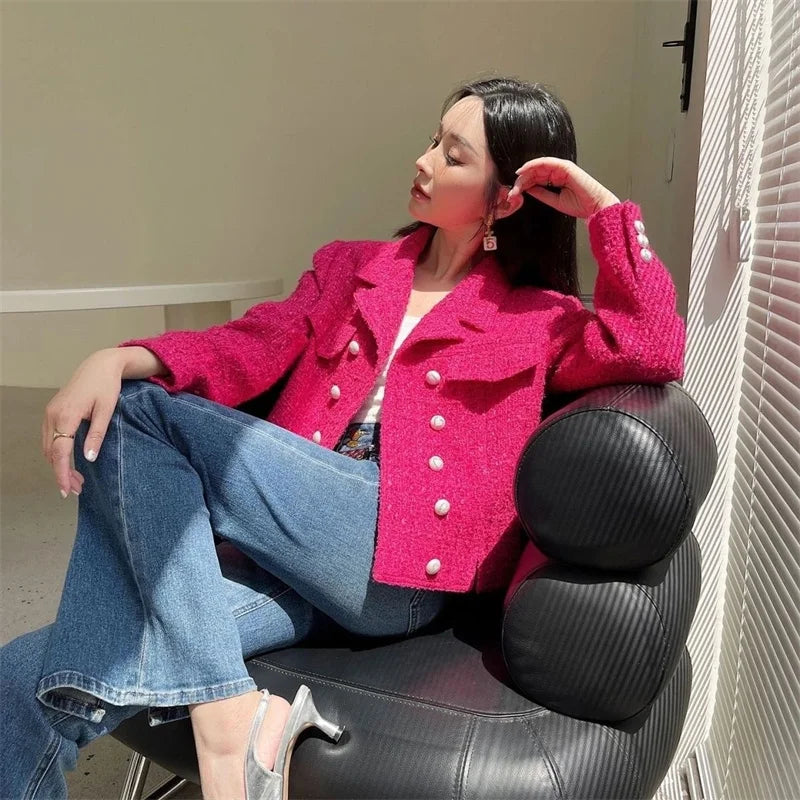 Women's New Autumn Long Sleeve Tweed Double-breasted Blazers Jacket...