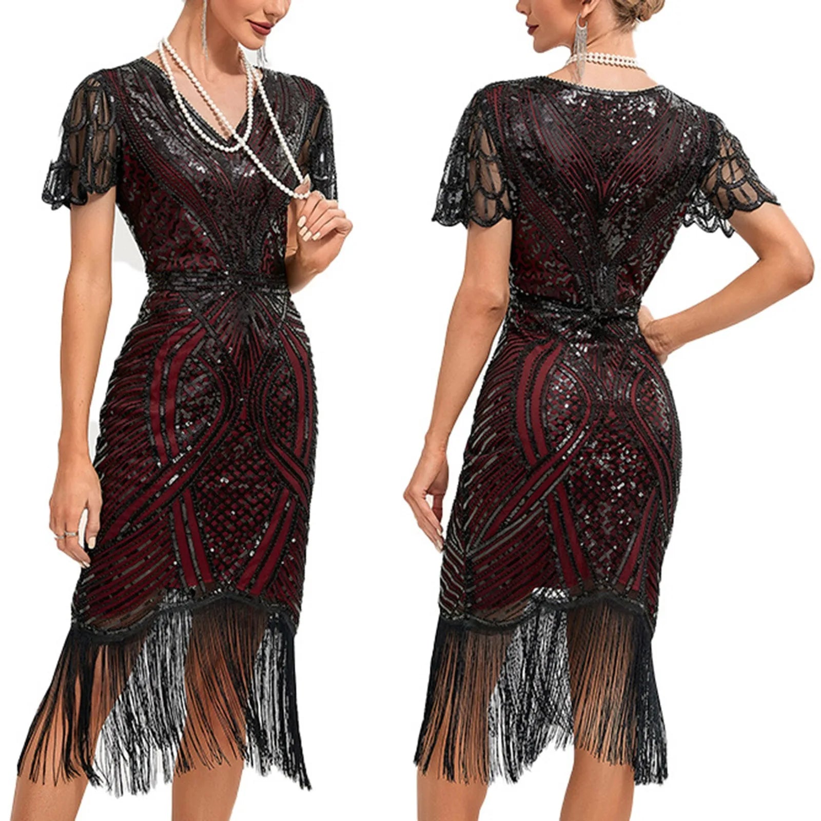 Women's 1920s Vintage Tassels Hem Beaded Sequin Great Gatsby Flapper Dress Great For Evening Out and Cocktail Parties