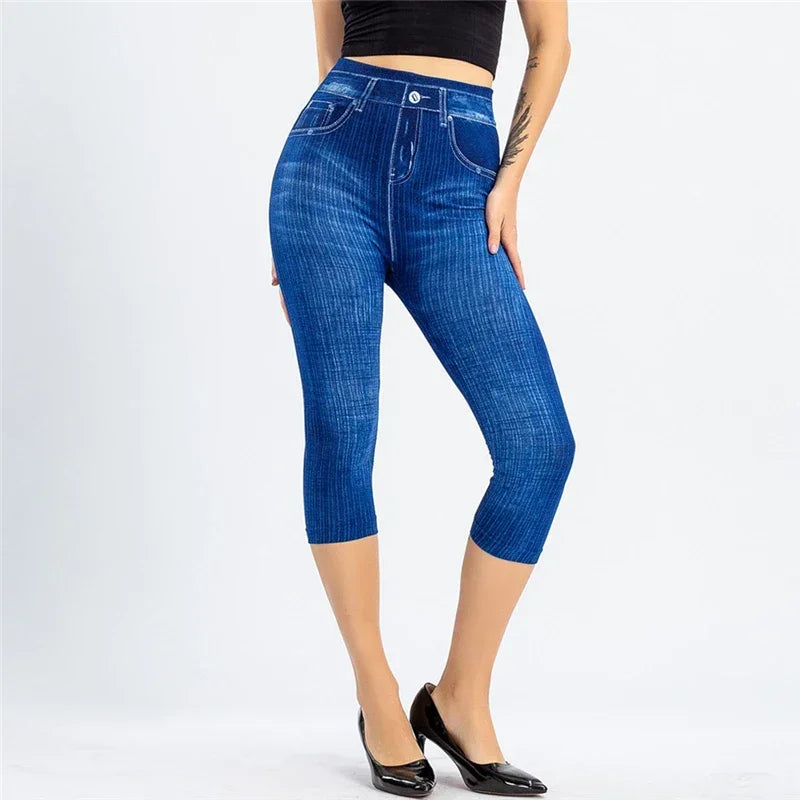 Women's High Waist Thin Slimming Imitation Denim For The Summer Hips Seven Cropped Leggings Pants...