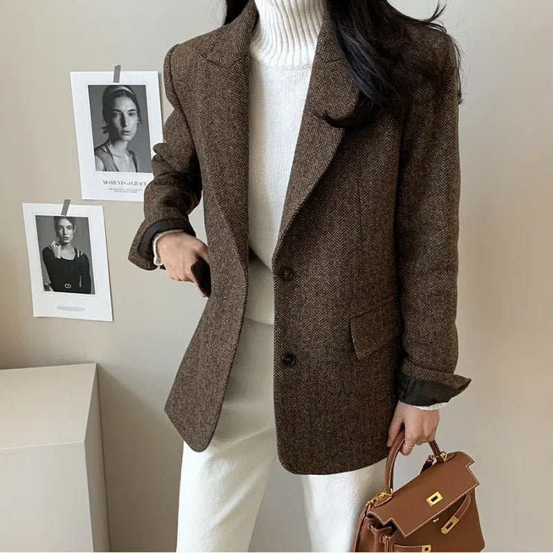 Women's Chic Wool Loose Vintage Long Sleeve Button Up Turn Down Collar Blazer Coats Jacket...