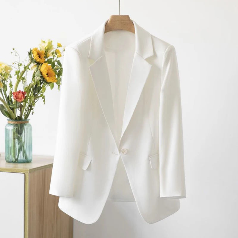 Ladies Classic Solid Colored Slim Long Sleeve Single Button Turn Down Collar Spring Autumn Blazer Suit Jacket for Women...