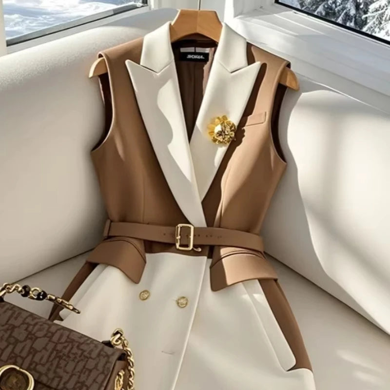 Ladies' France Fashion Formal Slim-Fit Sleeveless Jacket with Belt, in Coffee Office Blazers Vest...