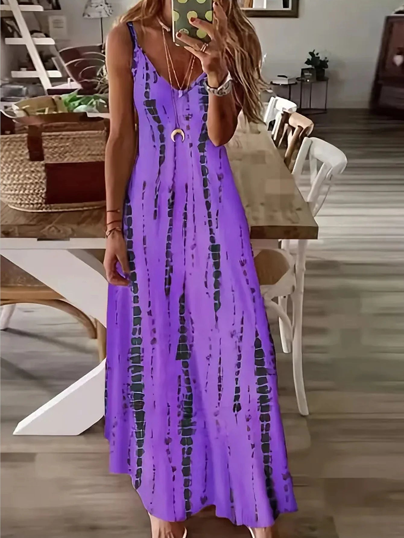 Women's Casual Tie Dye Printed Spaghetti Strap Maxi Long Dress With Loose V-neck...