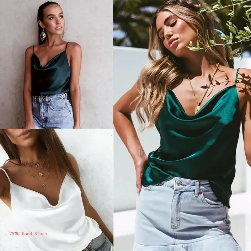 Women Strappy Plain Sling Vest Solid Color Cowl Neck Sleeveless Camisole