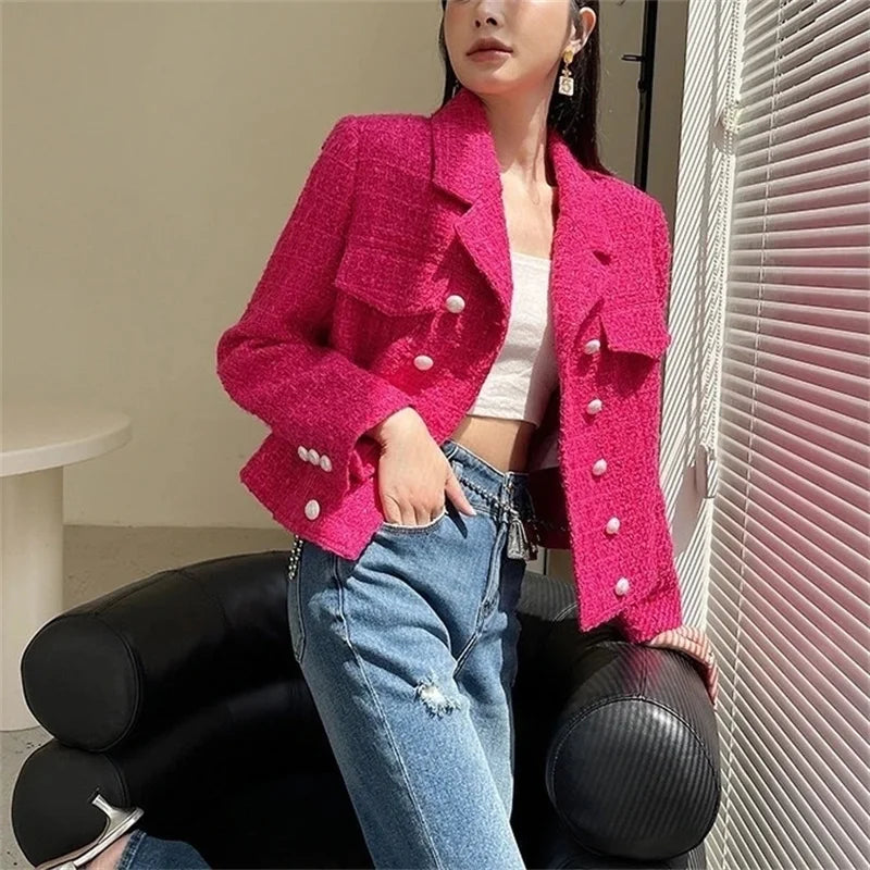 Women's New Autumn Long Sleeve Tweed Double-breasted Blazers Jacket...