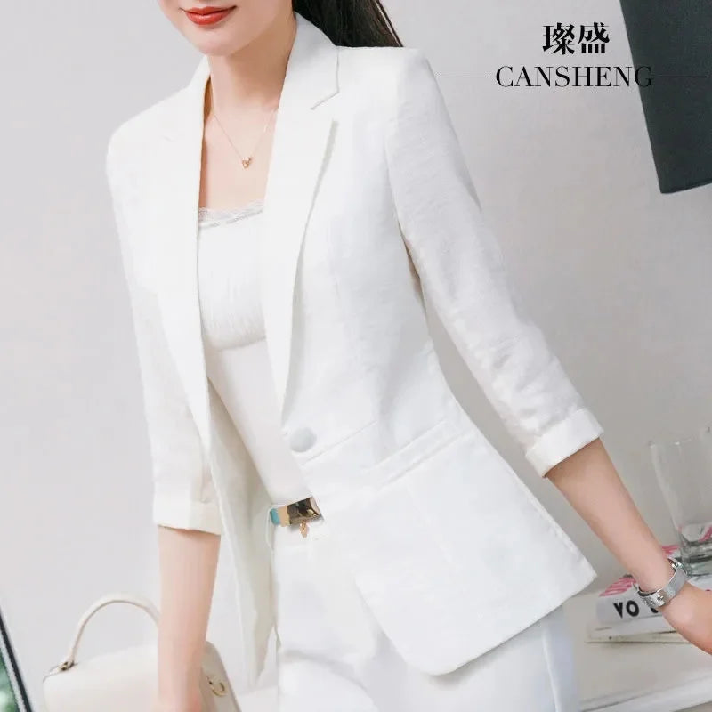 Women's Elegant Classy Seven-Minute Sleeve Pink Office Blazer...