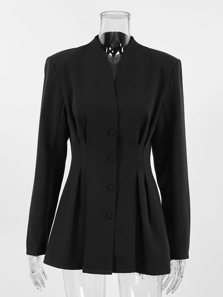 Women's Elegant V-neck Tunics Black Long Sleeve Single Breasted Slim Blazers...