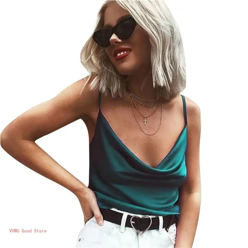 Women Strappy Plain Sling Vest Solid Color Cowl Neck Sleeveless Camisole