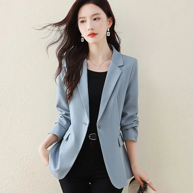 Ladies Classic Solid Colored Slim Long Sleeve Single Button Turn Down Collar Spring Autumn Blazer Suit Jacket for Women...