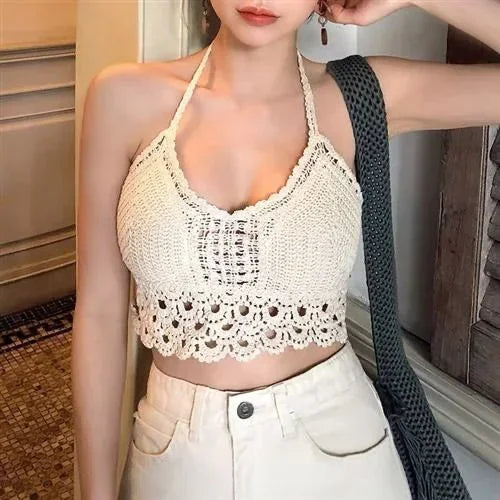 Womens Retro Sexy Crop Tops Tassel Spaghetti Strap Wild Hollow Perspective, Built In Bra New Back Lace Halter Neck Tanke Top  For Women