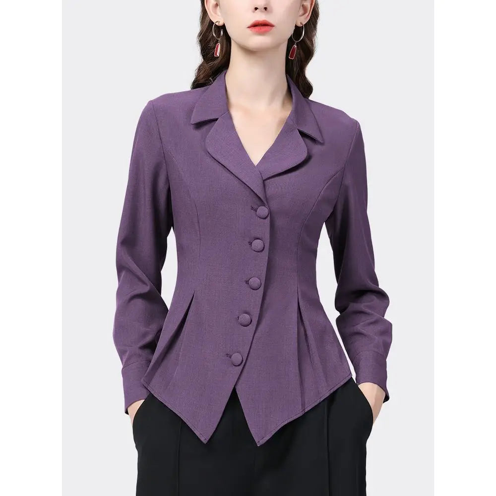 Women's Solid Color Notched Pleated Button Intellectual Graceful Elegant Thin Autumn Blazers...