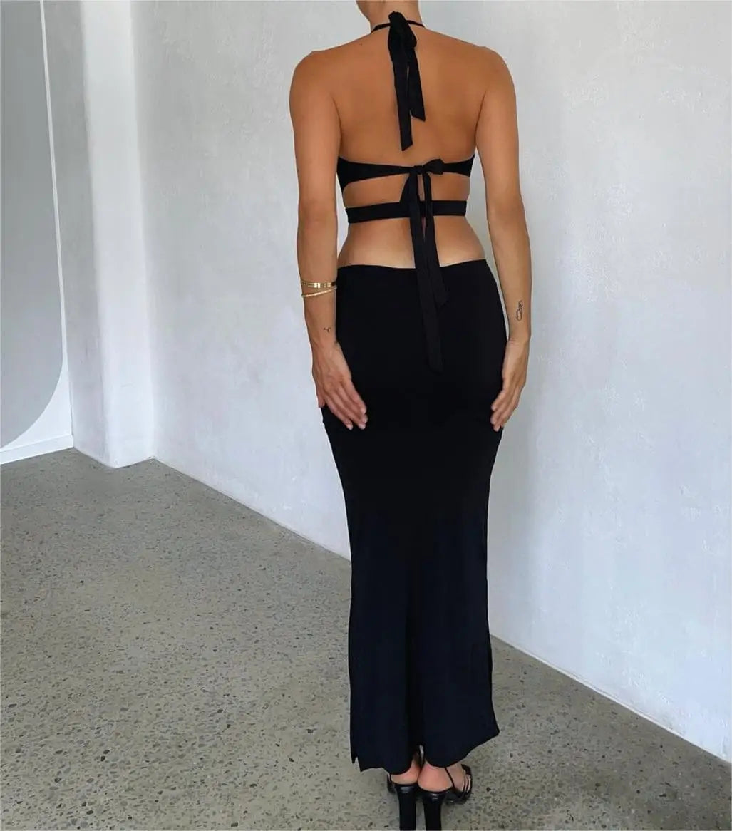 Women's Long Bodycon Solid Color Backless Tie-Up Halter, With Deep V-Neck, Sleeveless Cocktail Dress for Summer Party, and Clubs