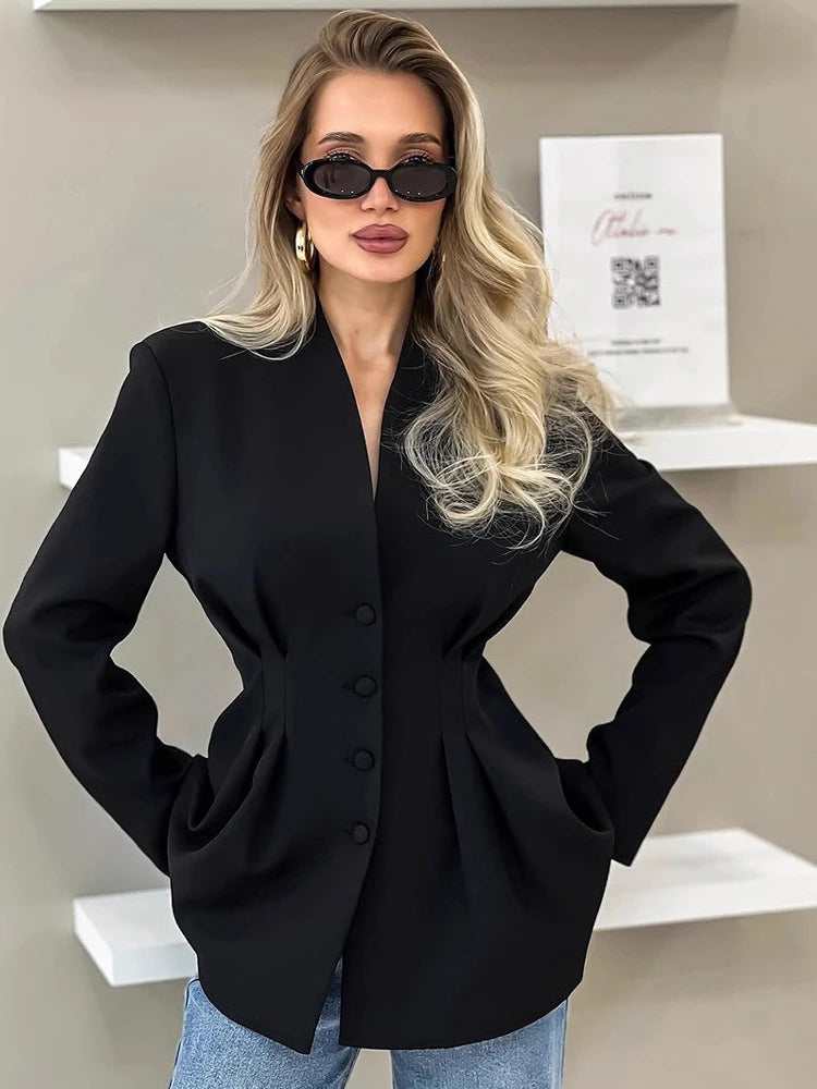 Women's Elegant V-neck Tunics Black Long Sleeve Single Breasted Slim Blazers...