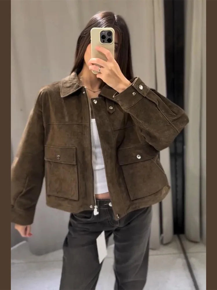 Women's Vintage Chic Casual Warm Suede Jackets, Lapel Zipper, Long Sleeves, With Pockets Autumn Winter Coats...