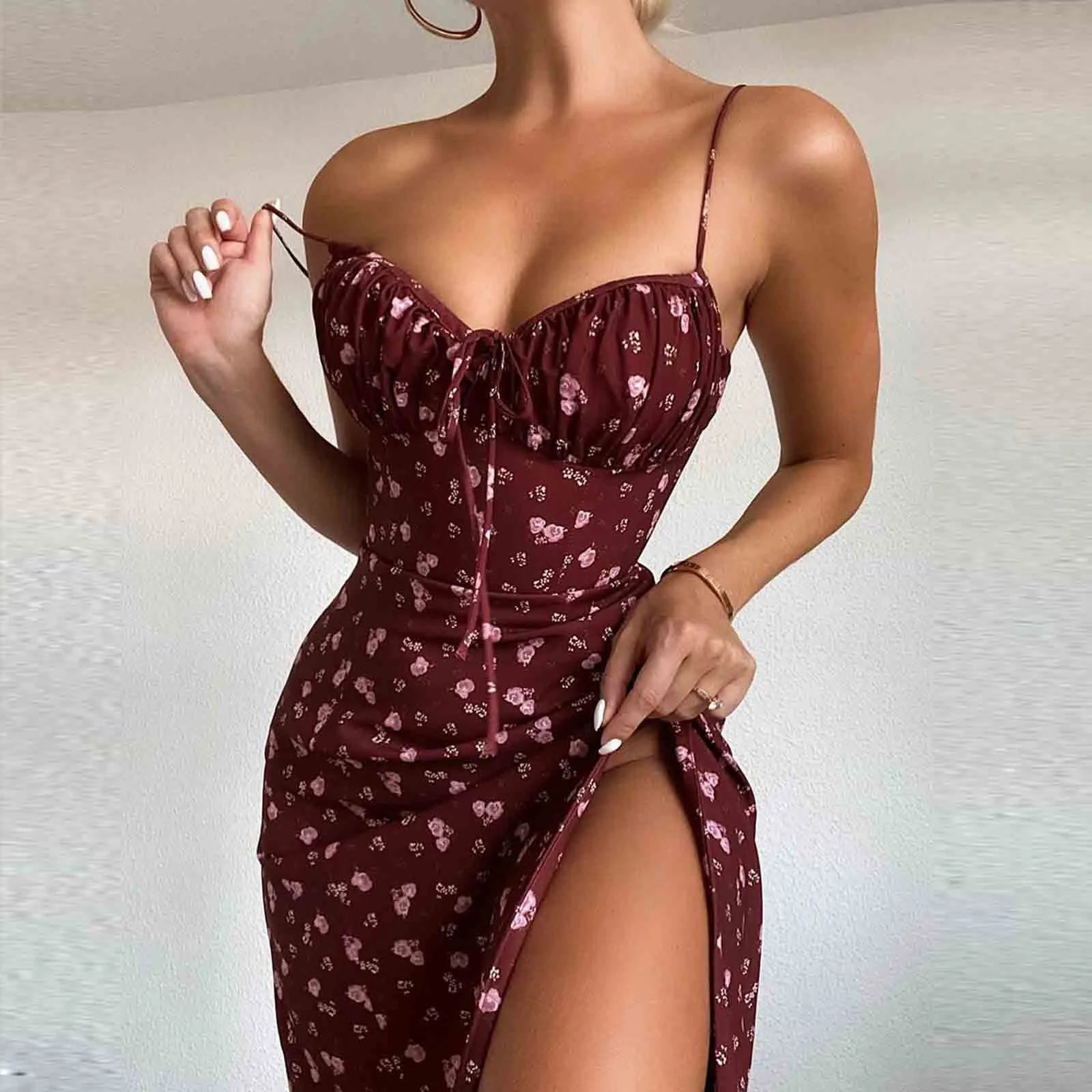 Elegant Classy Flower Print Spaghetti Straps Dress With Side Spit