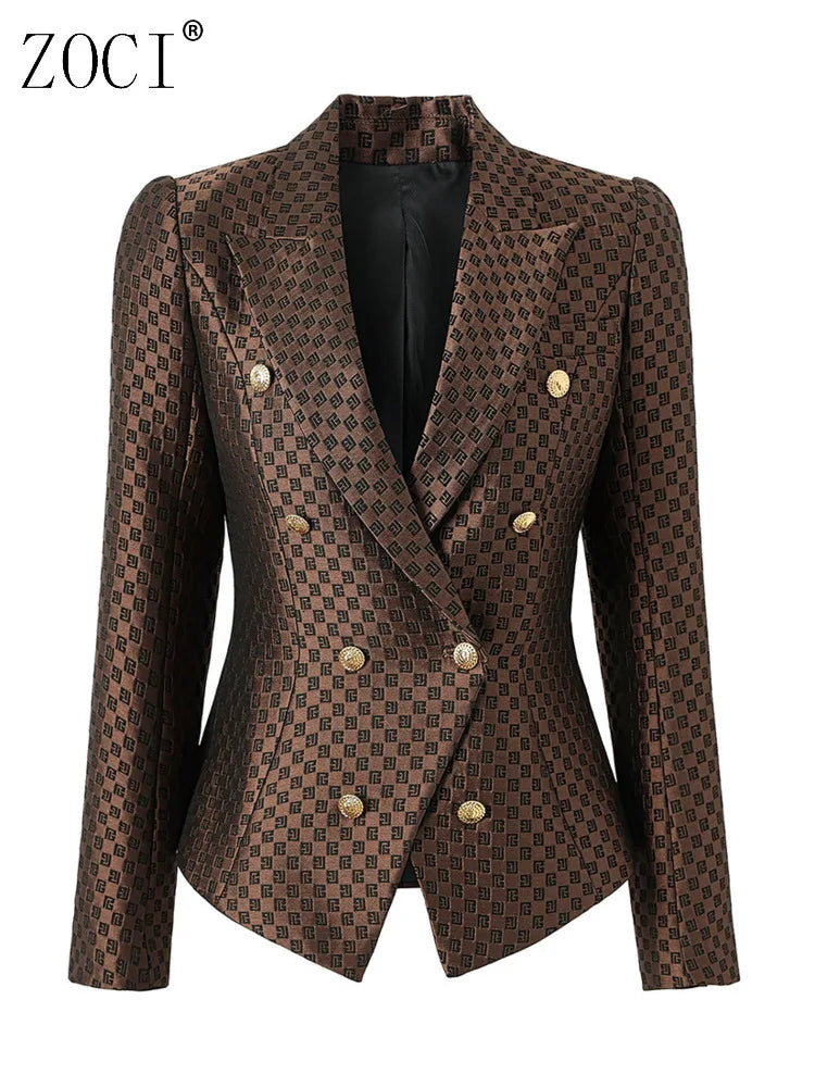Women's Dark Brown Eight-Button Shoulder Pad Waist Cinching Fashion Blazer Jacquard...
