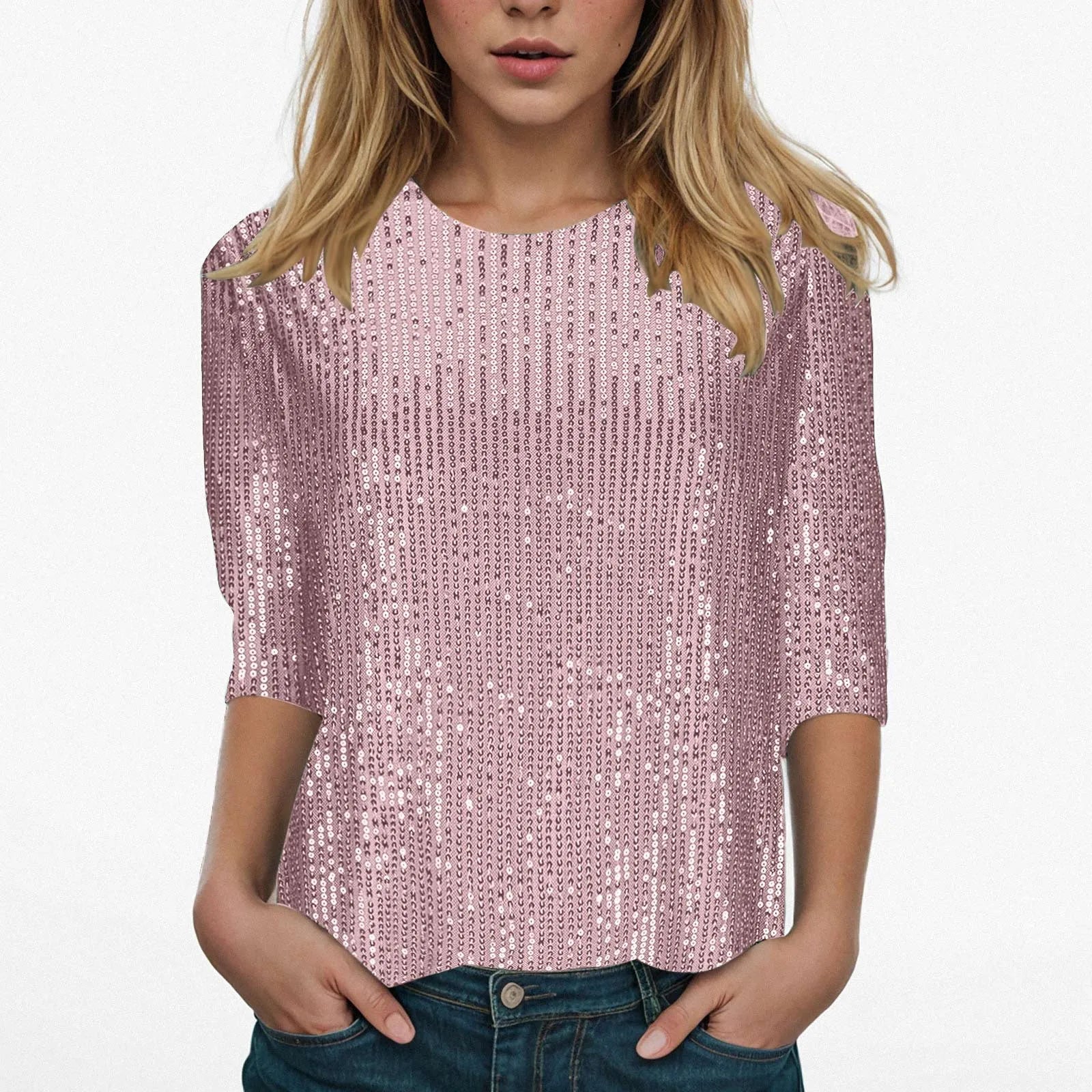 Women's Casual Shiny Sequins Round Neck Quarter Sleeve Glitter Loose Shirts Clubwear Shirt...