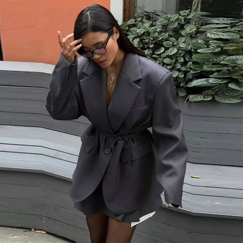 New Women's Elegant Chic Urban Lapel Casual Long Sleeve, Pockets, Turn-down Collar, Belt, Autumn Blazers Coat...