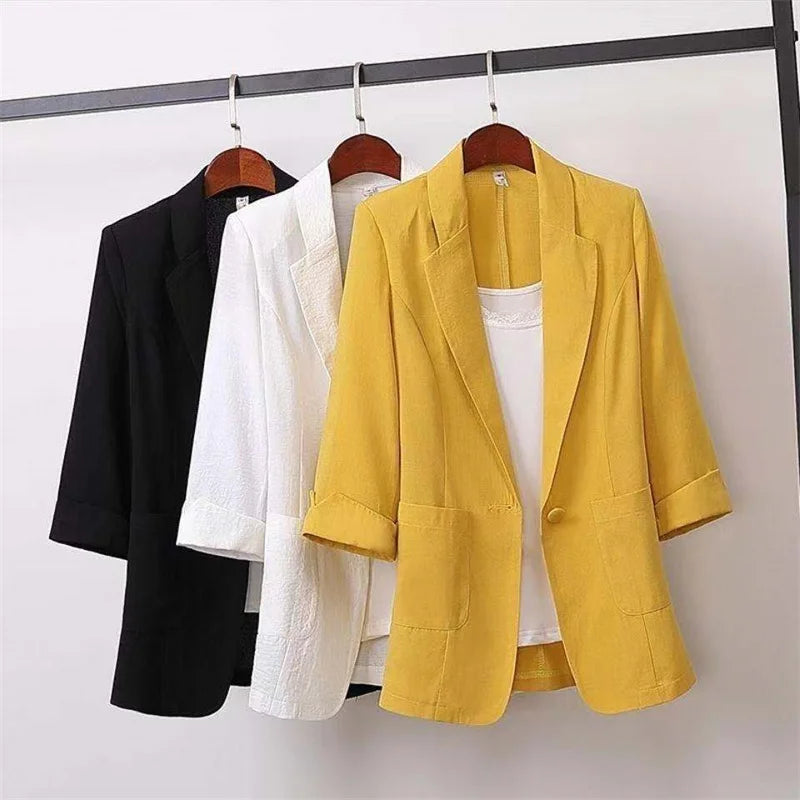 Women's New Spring/Summer Cotton Fabric Solid Color Yellow, Black, and White Loose Oversized Suit Jacket...