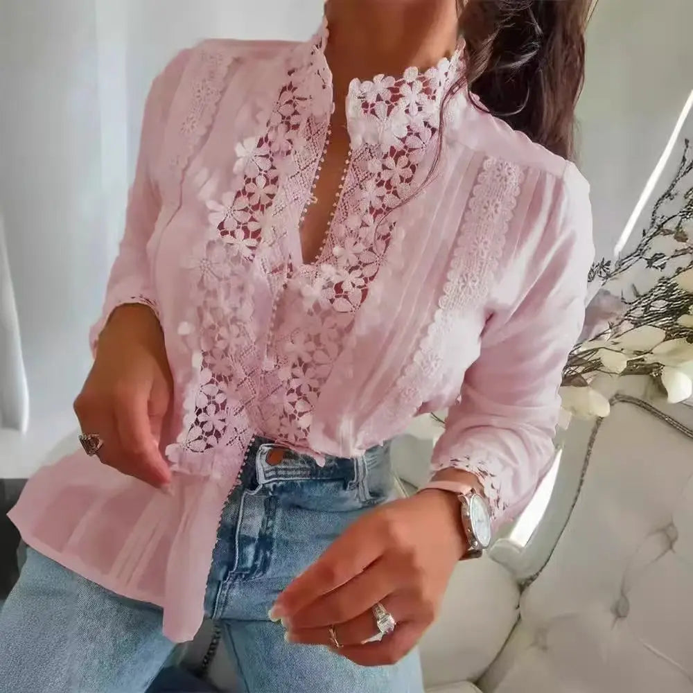 New Women's Lace Solid Color Elegant/Casual Floral Stitching Long Sleeve Top's For Spring/Summer