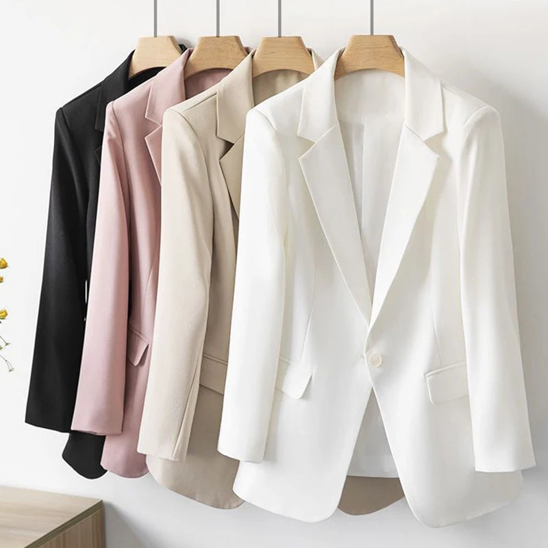 Ladies Classic Solid Colored Slim Long Sleeve Single Button Turn Down Collar Spring Autumn Blazer Suit Jacket for Women...