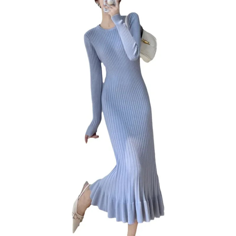 Women's Knit Long Knee-Length Ruffle Edge Fish Tail Dress Smooth Slimming Sweater Dress...