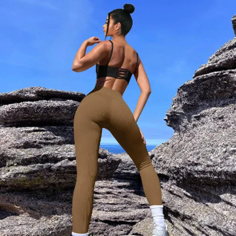 Women's Slim Cut Casual Seamless High Waist Ribbed Pattern Solid Color Yoga Leggings...