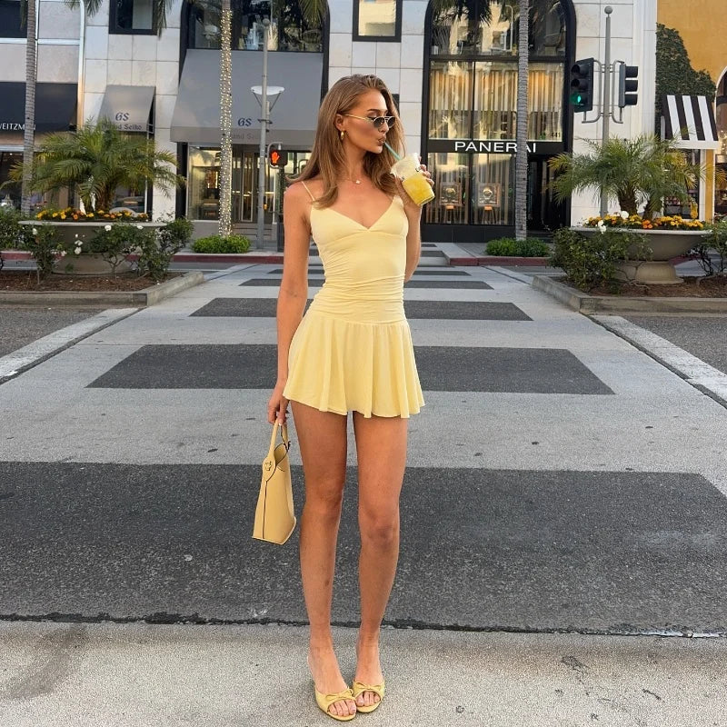 New Womens Summer Sexy Candy hot Solid V-Neck Backless Ruffled Hem Casual Spaghetti Strap Dress...