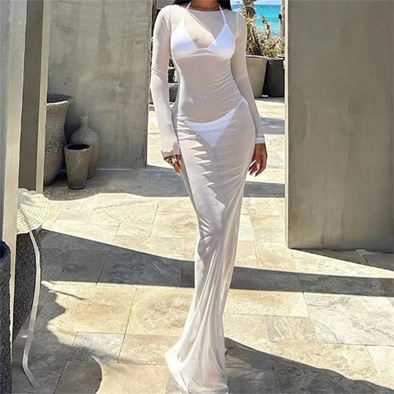 Beautiful See Through Long Sleeve Beach Maxi Dresses Mesh Sheer Bikini Cover-Ups for Women...