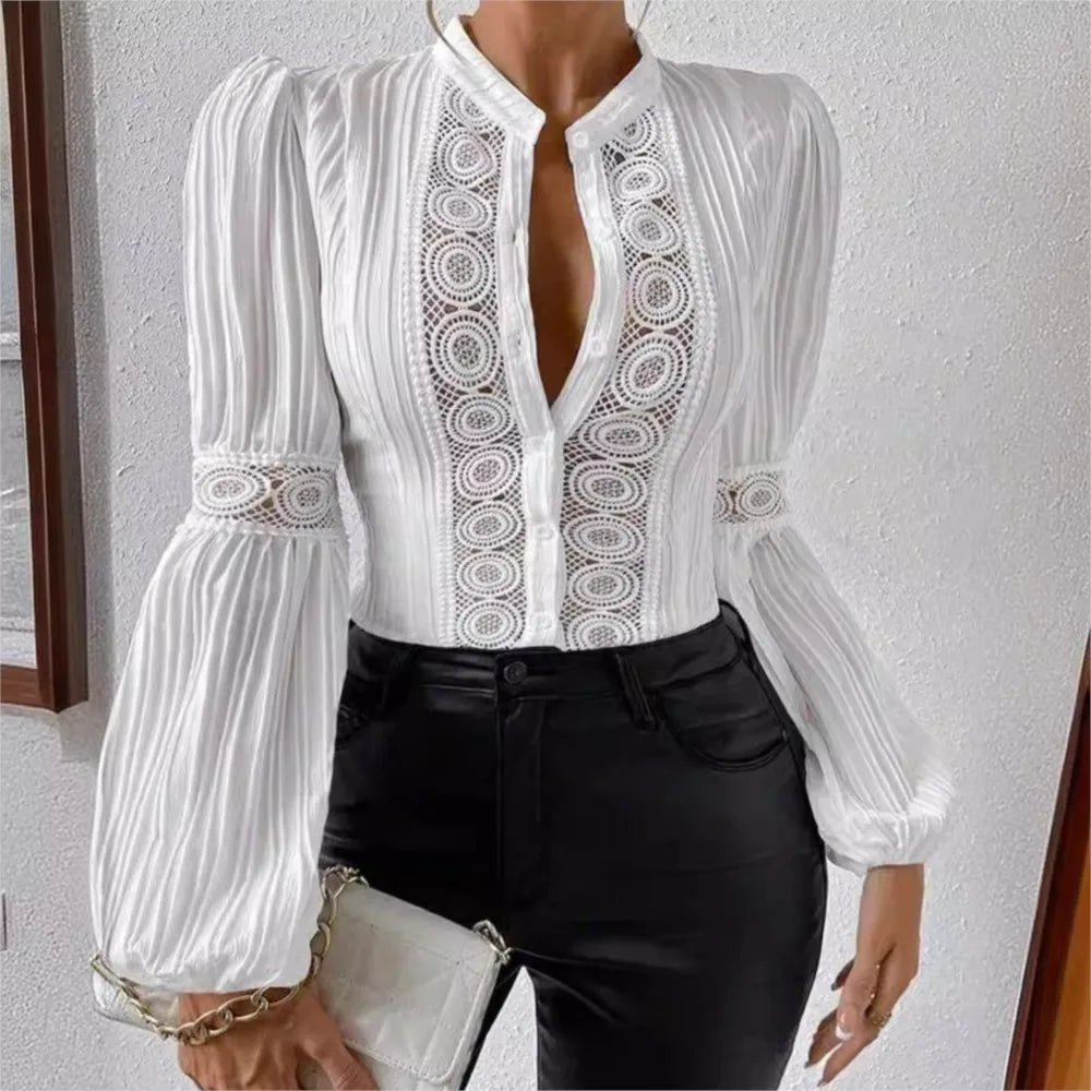 Women's Autumn Fashion Lace Spliced Lantern Long Sleeved Solid Color Slim Fit Hollow Out Blouse