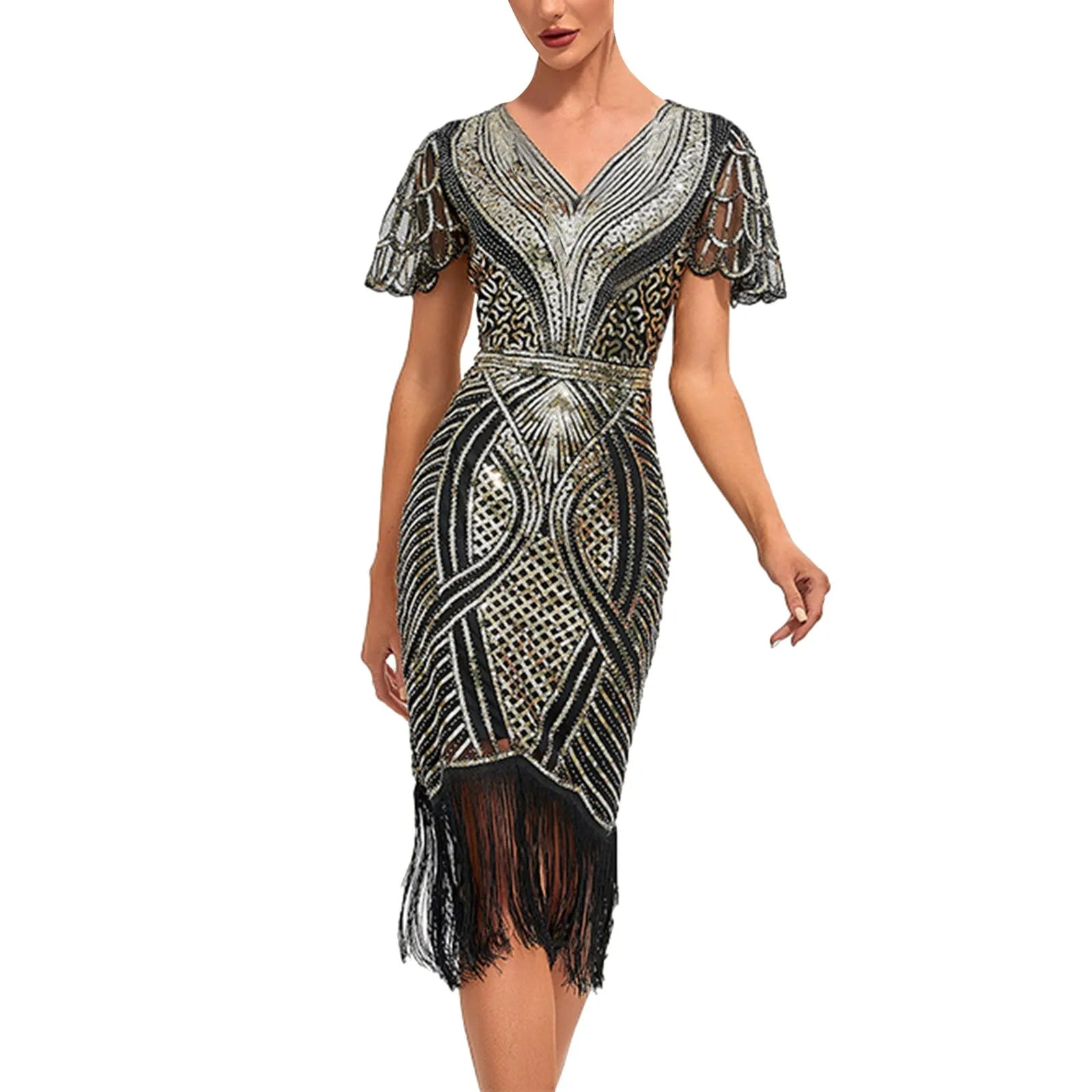 Women's 1920s Vintage Tassels Hem Beaded Sequin Great Gatsby Flapper Dress Great For Evening Out and Cocktail Parties